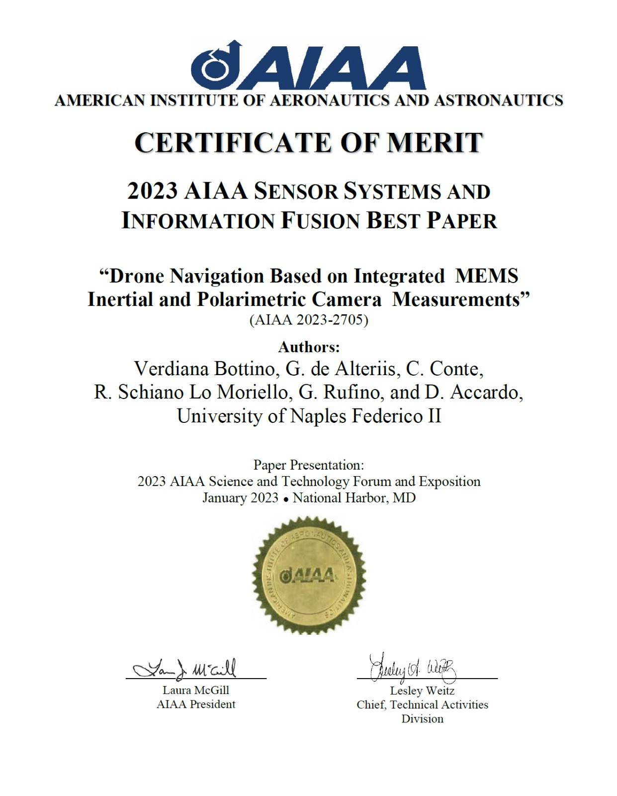 Certificate of Merit AIAA
